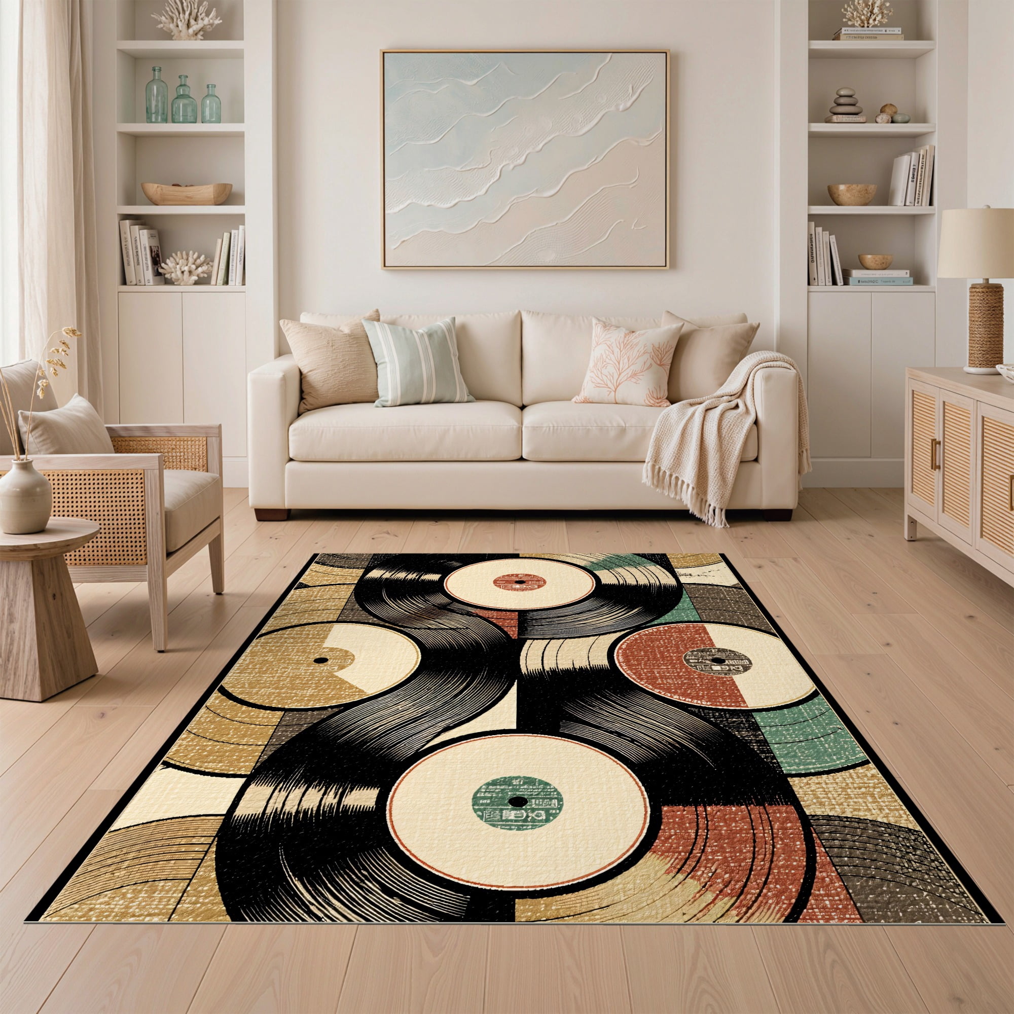 ODIKA 5'x7' Ultra-Soft Area Rug, Brown Record Music Vinyl Swirl Retro ...
