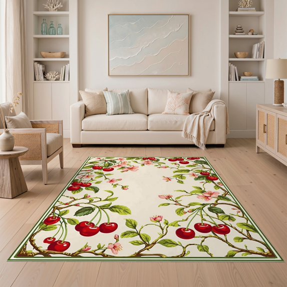 ODIKA 5'x7' Ultra-Soft Area Rug, Cherries Cherry Folk Symmetrical Fruit Vine Door Flowers Border None Washable, Bare feet friendly, Silk-Touch for Bedroom Home office