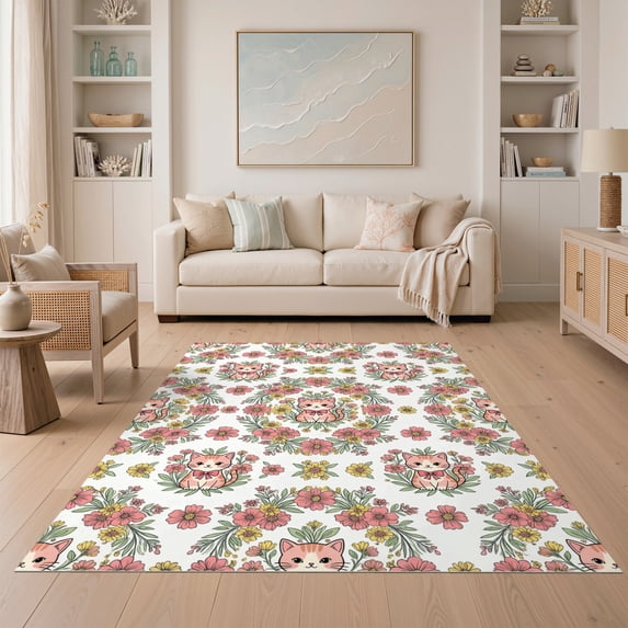 ODIKA 5'x7' Ultra-Soft Area Rug, Cute Kittens Wildflowers Blooming Flower Border Cartoon Boho Tossed Refined None Washable, Bare feet friendly, Silk-Touch for Bedroom Home office