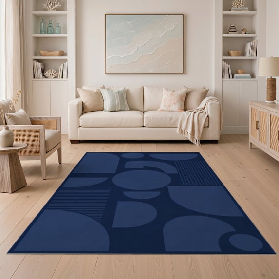 ODIKA 5'x7' Ultra-Soft Area Rug, Deep Blue Geometric Design Accent Contemporary Artistic with Bold Symmetry Washable, Bare feet friendly, Silk-Touch for Bedroom Home office