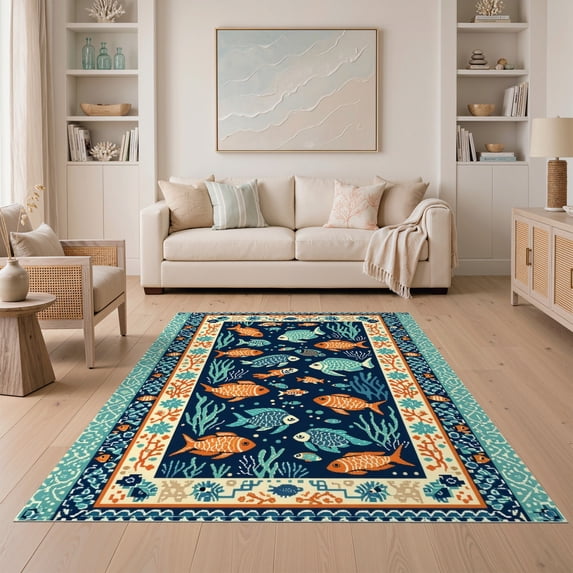 ODIKA 5'x7' Ultra-Soft Area Rug, Deep Blue Ocean with Playful Sea Creatures Vibrant Turtles, Fish, Octopus Amid Reefs Washable, Bare feet friendly, Silk-Touch for Bedroom Home office