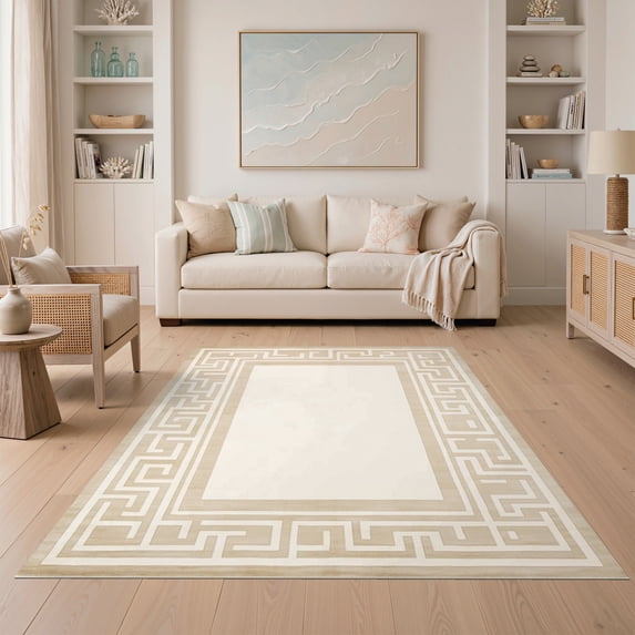 ODIKA 5'x7' Ultra-Soft Area Rug, Dining Contemporary Beige Greek Key Border Abstract Geometric None Washable, Bare feet friendly, Silk-Touch for Bedroom Home office