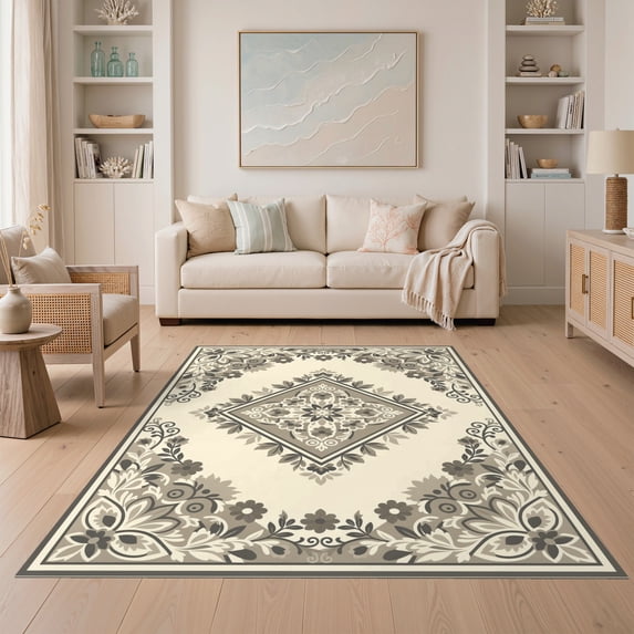 ODIKA 5'x7' Ultra-Soft Area Rug, Distressed Medallion Panel With Farmhouse Floral Vine Corners Boho Flowing None Washable, Bare feet friendly, Silk-Touch for Bedroom Home office