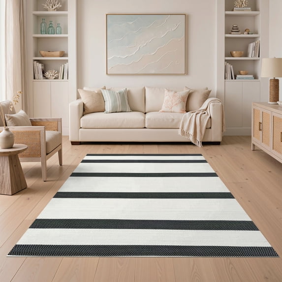 ODIKA 5'x7' Ultra-Soft Area Rug, Under Door Striped Awning Bands Boho Detail Front Stripe Layering None Washable, Bare feet friendly, Silk-Touch for Bedroom Home office