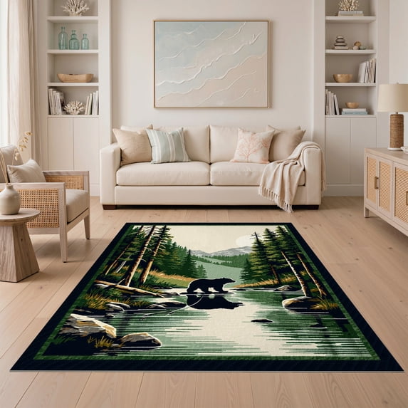 ODIKA 5'x7' Ultra-Soft Area Rug, Fishing Cabin Forest Border Wildlife Print Motif Motifs Lake None Washable, Bare feet friendly, Silk-Touch for Bedroom Home office