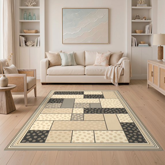 ODIKA 5'x7' Ultra-Soft Area Rug, Geometric Abstract Patchwork Spotted Blocks Southwestern Stripe Border None Washable, Bare feet friendly, Silk-Touch for Bedroom Home office