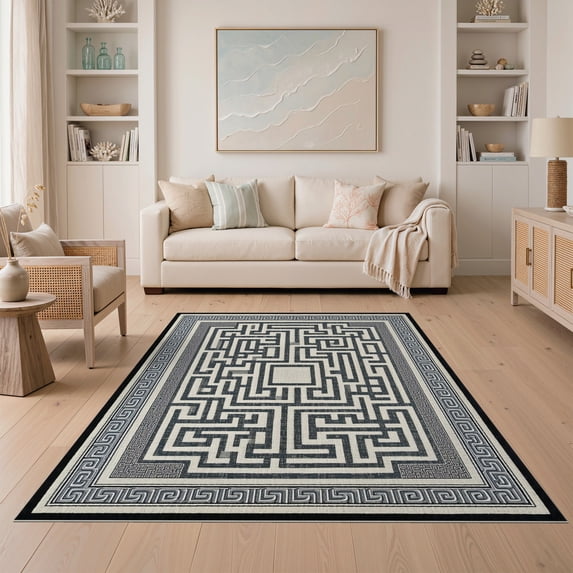 ODIKA 5'x7' Ultra-Soft Area Rug, Greek Key Fret Design With Classical Meander Border And Maze Motif None Washable, Bare feet friendly, Silk-Touch for Bedroom Home office
