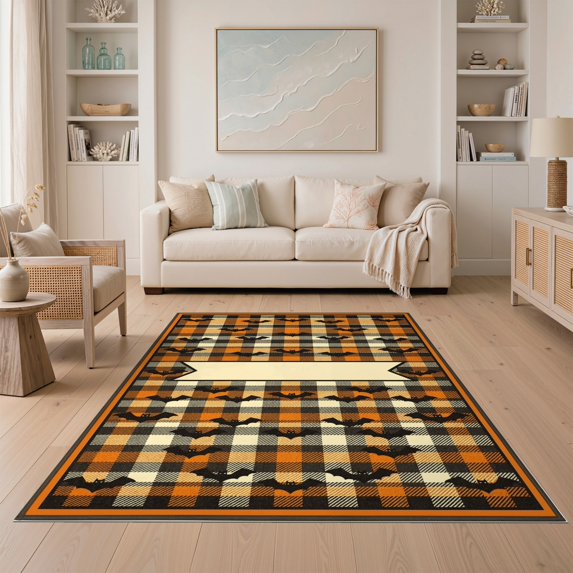 ODIKA 5'x7' Ultra-Soft Area Rug, Halloween Bat Welcome Spooky Checkered Plaid Front Door Border None Washable, Bare feet friendly, Silk-Touch for Bedroom Home office