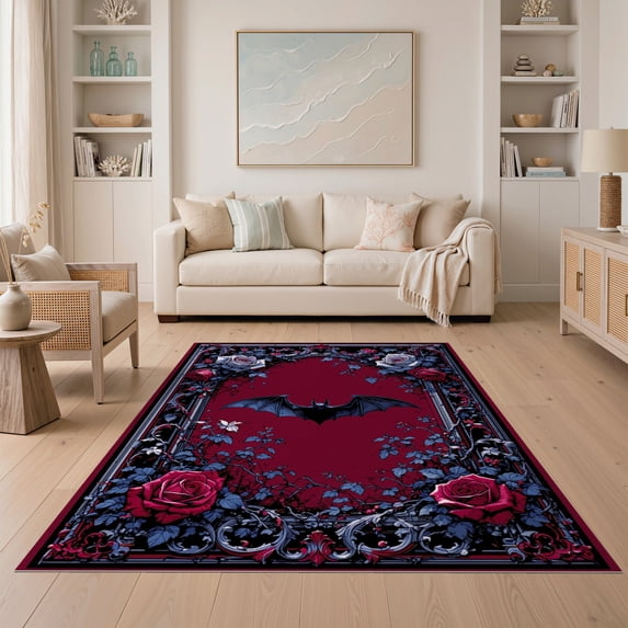 ODIKA 5'x7' Ultra-Soft Area Rug, Horror Dark Crimson Bat Design Gothic Floral with Ornamental Scrollwork Washable, Bare feet friendly, Silk-Touch for Bedroom Home office