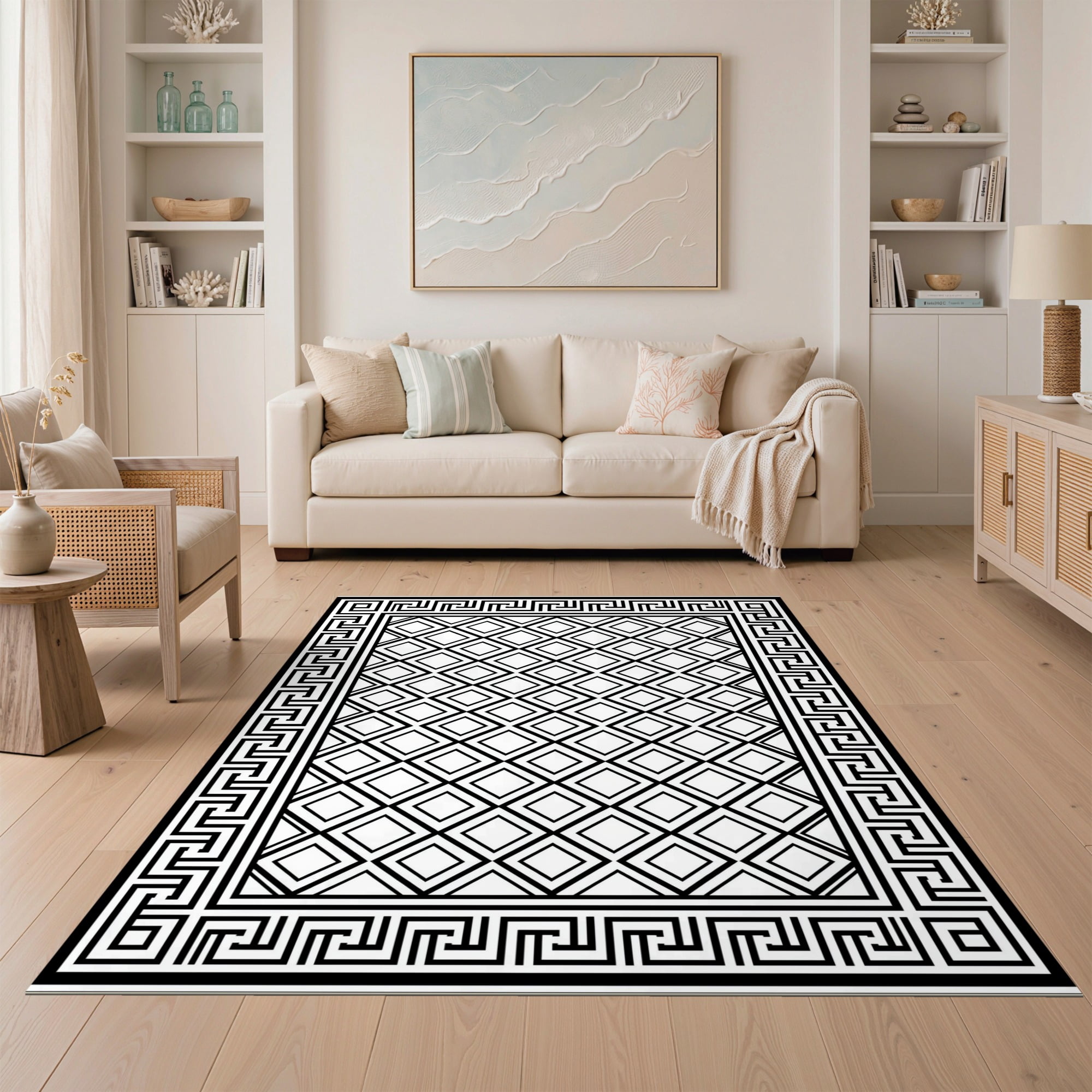 Geometric Border Rug Design ODIKA 5'x7' Ultra-Soft Area Rug, Key Geometric Lattice Field Border ...