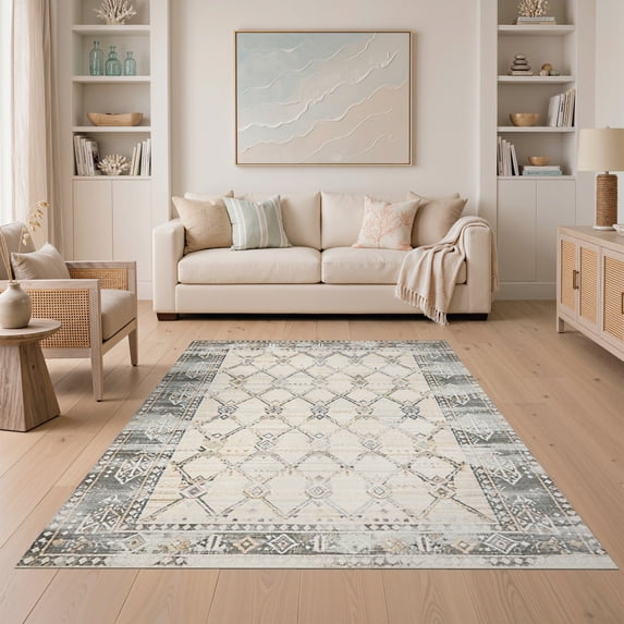 ODIKA 5'x7' Ultra-Soft Area Rug, Large Bound Trellis Faded Border Transitional Vintage None Washable, Bare feet friendly, Silk-Touch for Bedroom Home office
