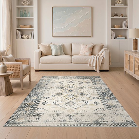 ODIKA 5'x7' Ultra-Soft Area Rug, Lattice Mosaic Panel With Distressed Abstract Diamond Accents None Washable, Bare feet friendly, Silk-Touch for Bedroom Home office