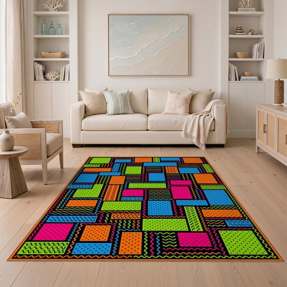 ODIKA 5'x7' Ultra-Soft Area Rug, Memphis 80S Abstract Grid Block Retro Interlocking Squiggle Funky Flowing None Washable, Bare feet friendly, Silk-Touch for Bedroom Home office