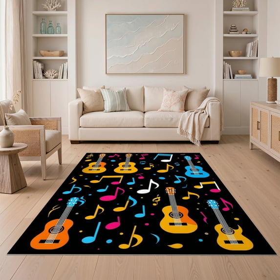 ODIKA 5'x7' Ultra-Soft Area Rug, Music Note Cd Guitar Piano Key Disc Shape Motifs Keyboard Border None Washable, Bare feet friendly, Silk-Touch for Bedroom Home office