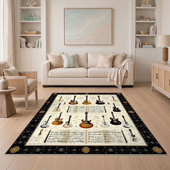 ODIKA 5'x7' Ultra-Soft Area Rug, Music Vintage Guitar Collage Retro Chord Diagram Border Note None Washable, Bare feet friendly, Silk-Touch for Bedroom Home office