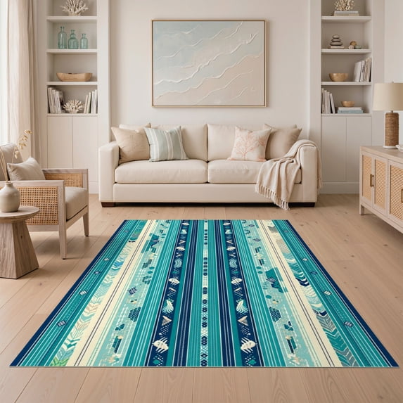 ODIKA 5'x7' Ultra-Soft Area Rug, Ocean Striped Mosaic Marine Coral Seashell Starfish Nautical None Washable, Bare feet friendly, Silk-Touch for Bedroom Home office