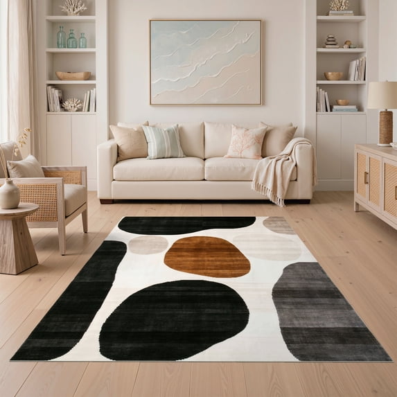 ODIKA 5'x7' Ultra-Soft Area Rug, Orange Throw with Black Brown Abstract Modern Asymmetric Brushstroke Design Washable, Bare feet friendly, Silk-Touch for Bedroom Home office