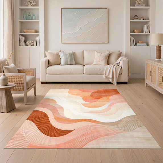 ODIKA 5'x7' Ultra-Soft Area Rug, Peach Gradient Swirling Wave Ombre Abstract Flow Pastel Ripple None Washable, Bare feet friendly, Silk-Touch for Bedroom Home office
