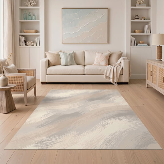 ODIKA 5'x7' Ultra-Soft Area Rug, Pile Painterly Neutral Sweep Muted Transitions Beige Large Grey None Washable, Bare feet friendly, Silk-Touch for Bedroom Home office