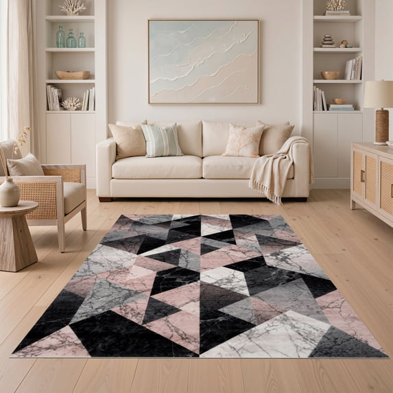 Gray Pink Rag Rug ODIKA 5'x7' Ultra-Soft Area Rug, Pink Grey Blush Faceted Transitional ...