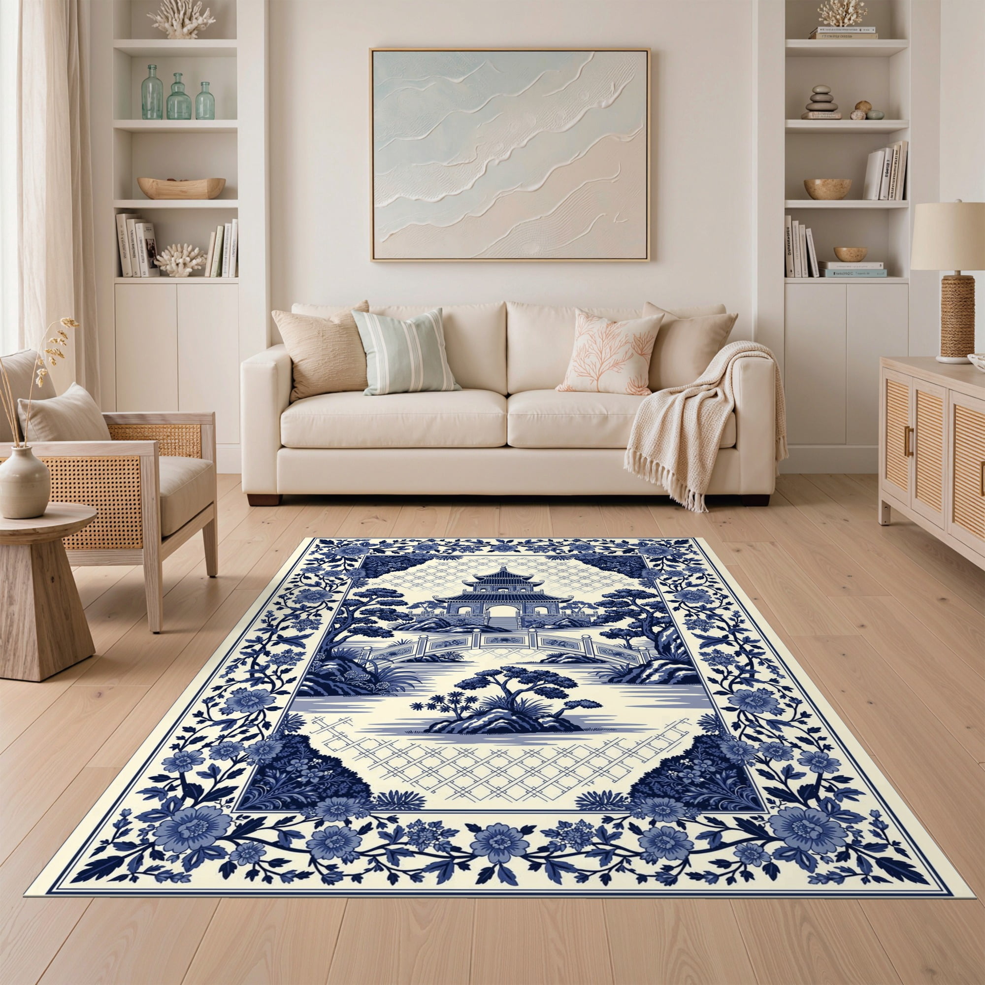 ODIKA 5'x7' Ultra-Soft Area Rug, Porcelain Toile Pagoda Vines Lattice ...
