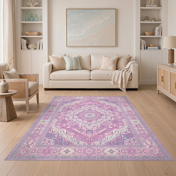 ODIKA 5'x7' Ultra-Soft Area Rug, Purple Boho Abstract Symmetrical Motif Watercolor Ombre Blend None Washable, Bare feet friendly, Silk-Touch for Bedroom Home office