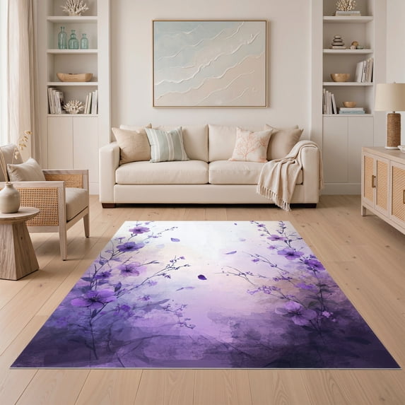ODIKA 5'x7' Ultra-Soft Area Rug, Purple Fuzzy Watercolor Petal Scatter Abstract Round Classroom None Washable, Bare feet friendly, Silk-Touch for Bedroom Home office