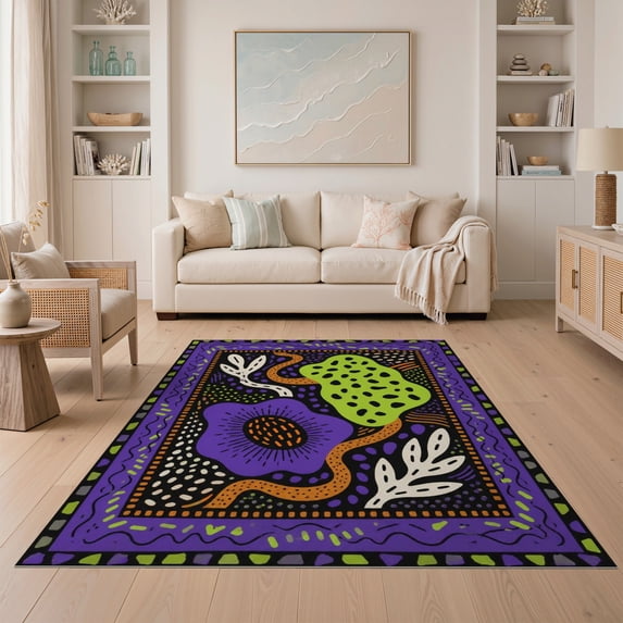 ODIKA 5'x7' Ultra-Soft Area Rug, Purple Green Abstract Botanical Motif Design Contemporary Art Style with Geometric Washable, Bare feet friendly, Silk-Touch for Bedroom Home office