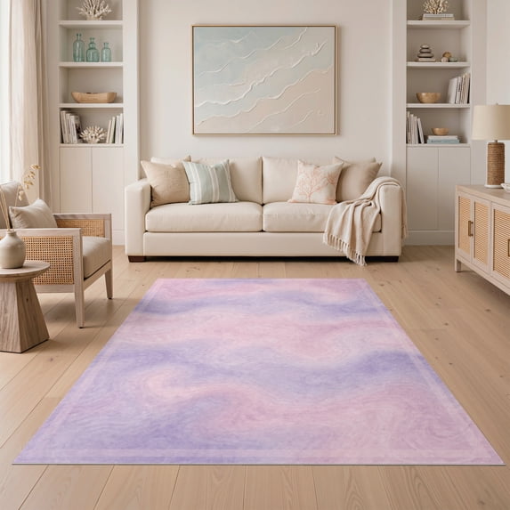 ODIKA 5'x7' Ultra-Soft Area Rug, Purple Pastel Pink Blend Swirls Symmetrical Flow Border None Washable, Bare feet friendly, Silk-Touch for Bedroom Home office