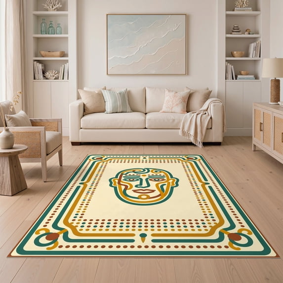 ODIKA 5'x7' Ultra-Soft Area Rug, Retro Geometric Funky Face Bold Frame Mid Century Bathroom Abstract None Washable, Bare feet friendly, Silk-Touch for Bedroom Home office