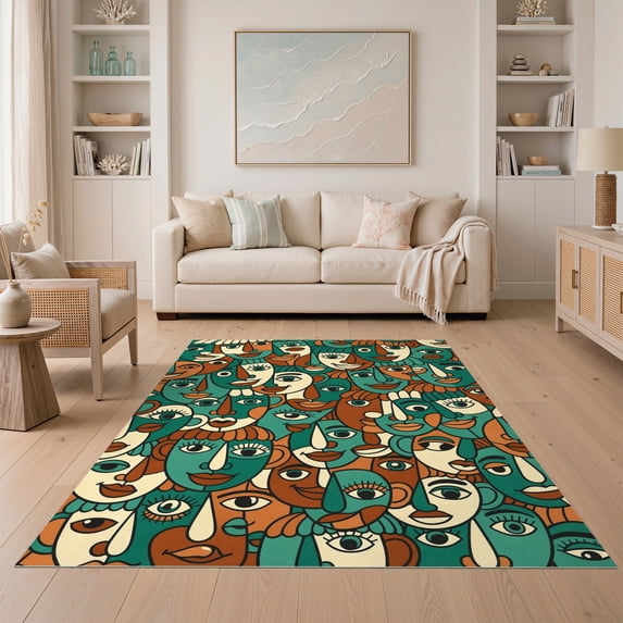 ODIKA 5'x7' Ultra-Soft Area Rug, Retro Overlapping Funky Portrait Contemporary Geometric Bathroom None Washable, Bare feet friendly, Silk-Touch for Bedroom Home office