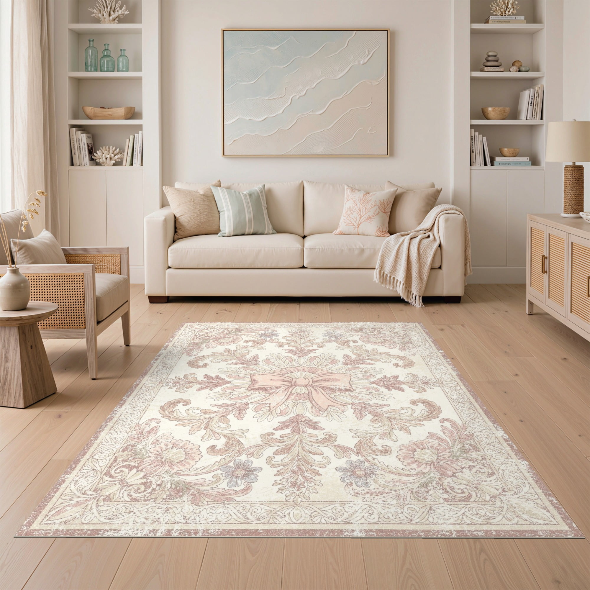 ODIKA 5'x7' Ultra-Soft Area Rug, Round Ornamental Pink Center Abstract ...