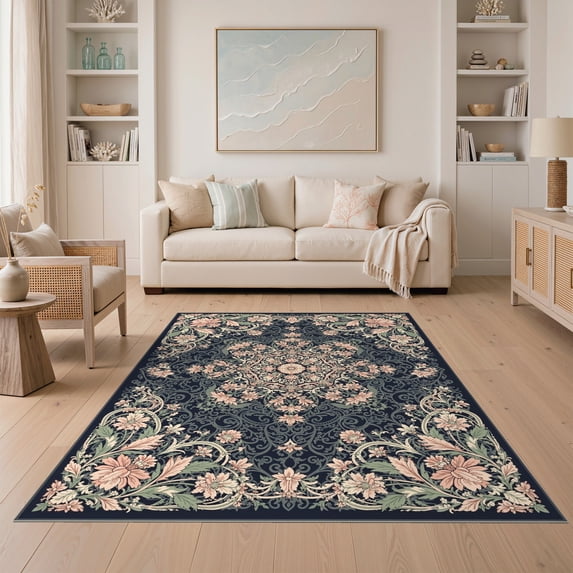 ODIKA 5'x7' Ultra-Soft Area Rug, Scatter Vintage Pink Scroll Motif Mirrored Damask Center Entry None Washable, Bare feet friendly, Silk-Touch for Bedroom Home office