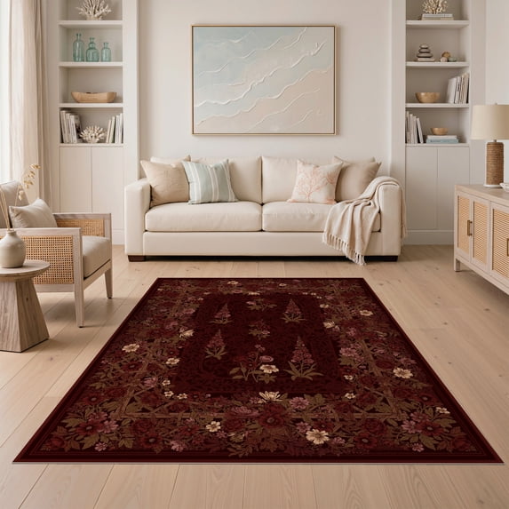 ODIKA 5'x7' Ultra-Soft Area Rug, Traditional Burgundy Rose Design ...