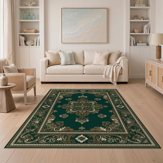 ODIKA 5'x7' Ultra-Soft Area Rug, Vintage Distressed Sage Ornamental Border Interlocking Chartreuse None Washable, Bare feet friendly, Silk-Touch for Bedroom Home office