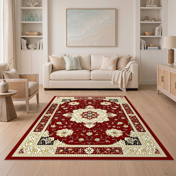 ODIKA 5'x7' Ultra-Soft Area Rug, Vintage Maroon Traditional Spandrels Carpect Deepburgundy Orientalischer None Washable, Bare feet friendly, Silk-Touch for Bedroom Home office