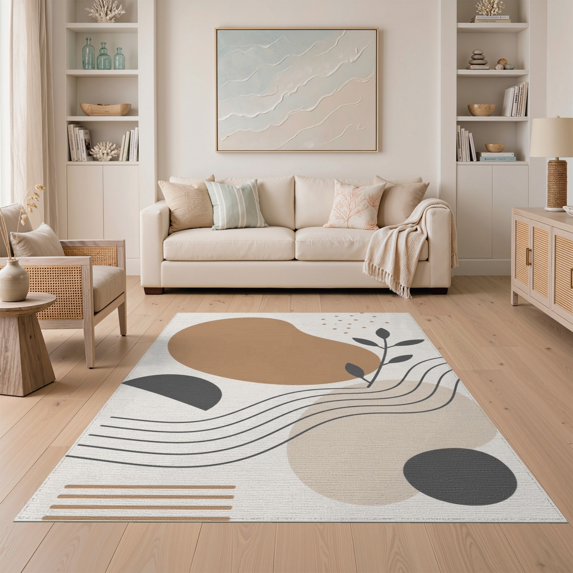 ODIKA 5'x7' Warm Earth Tones Abstract Design Washable Area Rug Mid-Century Modern Minimalist Style for Dining Room, Under Table, Home Office, Non-Slip Chair-Friendly