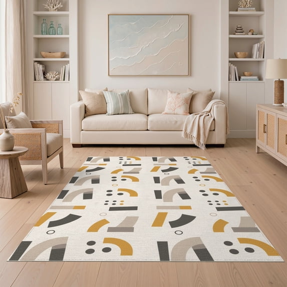 ODIKA 5'x7' Warm Earth Tones Abstract Design Washable Area Rug Modern Geometric Pattern with Unique Motifs for Small Living Room, Bedroom, Easy Care, Non-Shedding, Pet Friendly