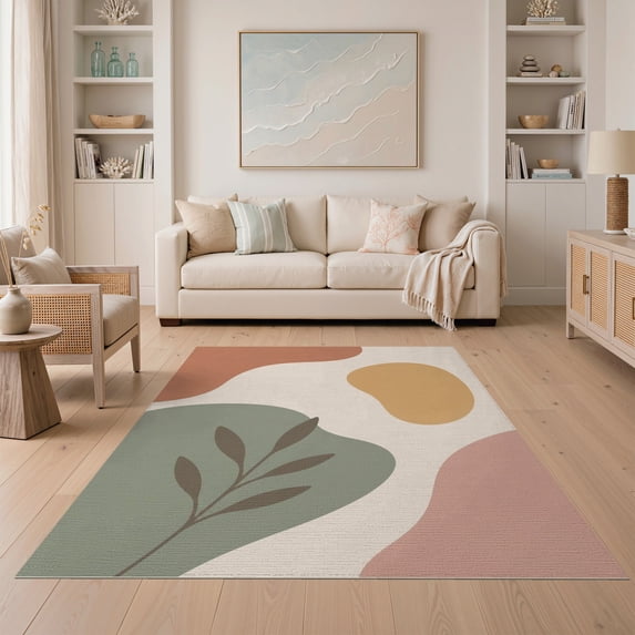 ODIKA 5'x7' Warm Earth Tones Abstract Design Washable Area Rug Modern Organic Shapes with Leaf Motif for Guest Room, Lounge, Apartment, Non-Slip Low Profile, Stain Resistant