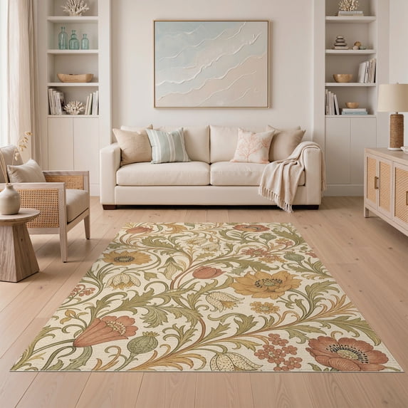 ODIKA 5'x7' Warm Earth Tones Floral Elegance Washable Area Rug Art Nouveau Botanical Pattern Design Non-Slip, Low Pile, Stain Resistant for Guest Room, Lounge, Apartment