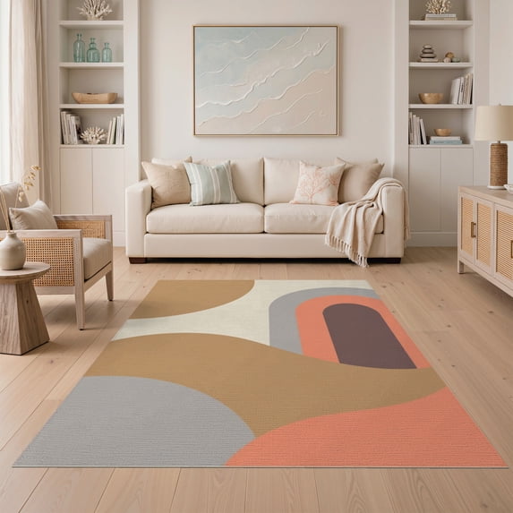 ODIKA 5'x7' Warm Earth Tones Retro 14A Design Washable Area Rug Geometric Abstract Style with Flair for Dining Room, Under Table, Home Office, Non-Slip Chair-Friendly