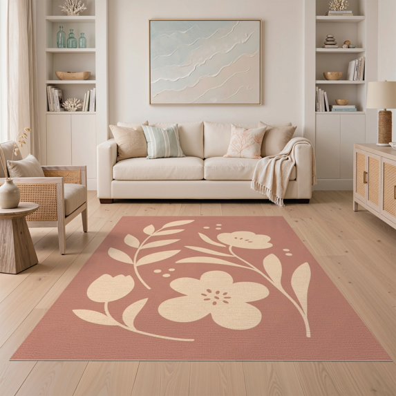 ODIKA 5'x7' Warm Terracotta Blossom Elegance Design Washable Area Rug Minimalist Floral Patterns for Modern Decor for Guest Room, Lounge, Apartment, Non-Slip Low Profile, Stain Resistant