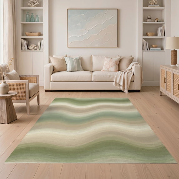 ODIKA 5'x7' Washable Area Rug Abstract Curved Mid Parallel Stripes Tonal Shift Geometric Cream for Dining Room, Under Table, Home Office, Non-Slip Chair-Friendly