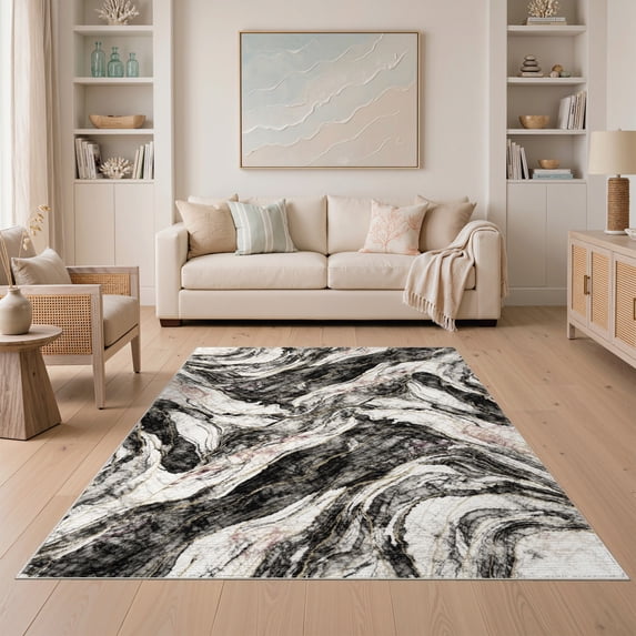 ODIKA 5'x7' Washable Area Rug Abstract Fluid Motif Contemporary Lines Veined Streaks Swirl Flowing Dynamic for Small Living Room, Bedroom, Easy Care, Non-Shedding, Pet Friendly