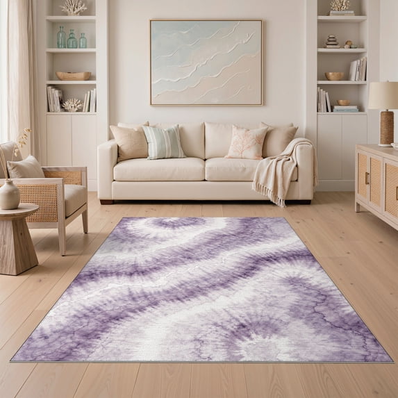 ODIKA 5'x7' Washable Area Rug Abstract Watercolor Tie Dye Blend Ombre Swirl Gradient Purple Flowing Dynamic for Guest Room, Lounge, Apartment, Non-Slip Low Profile, Stain Resistant