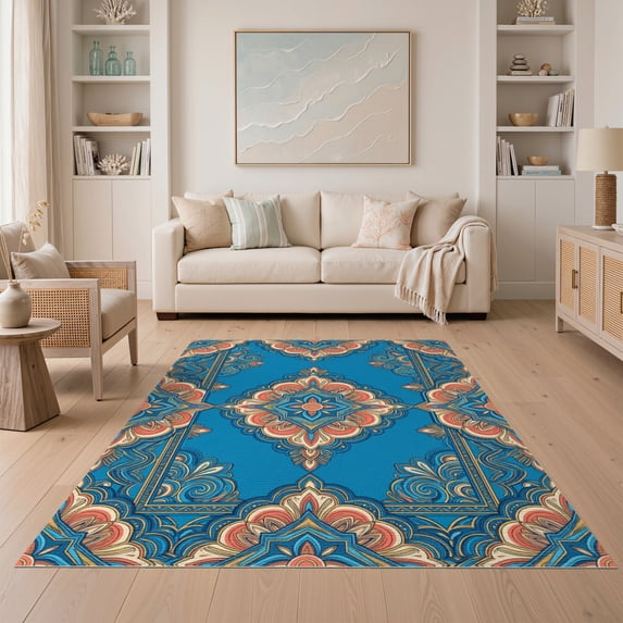 ODIKA 5'x7' Washable Area Rug Aesthetic Cartoon Motif Retro Graphic Border Bold Funky Refined for Small Living Room, Bedroom, Easy Care, Non-Shedding, Pet Friendly