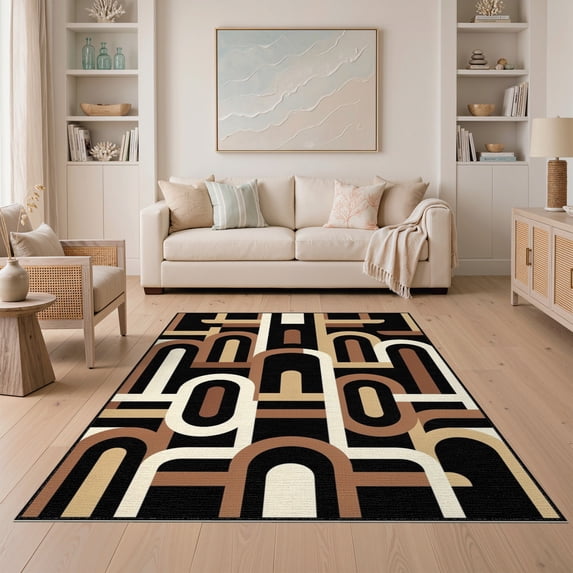 ODIKA 5'x7' Washable Area Rug Alfombras Abstract Geometric Bands Featuring Stacked Throw Para for Small Living Room, Bedroom, Easy Care, Non-Shedding, Pet Friendly