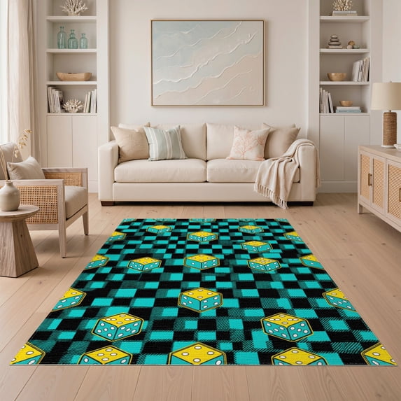 ODIKA 5'x7' Washable Area Rug Alt Graphic Men Funky Cartoon Aesthetic Checker Motif Anime Dice Refined for Dining Room, Under Table, Home Office, Non-Slip Chair-Friendly