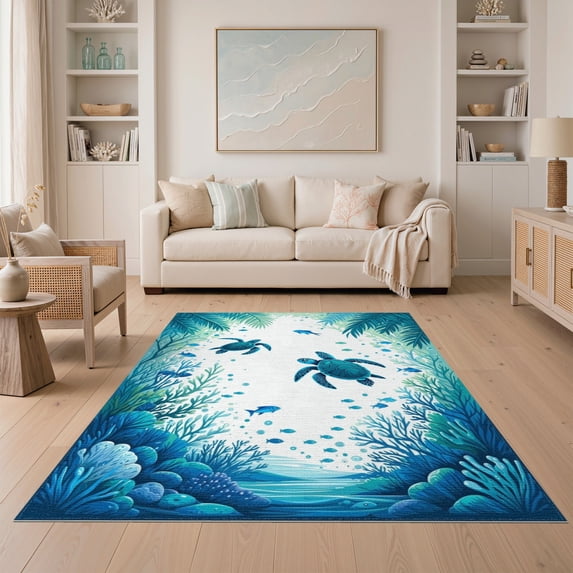 ODIKA 5'x7' Washable Area Rug Animals Turtle Reef Motif Nautical Ocean Border Scattered Symmetrical for Small Living Room, Bedroom, Easy Care, Non-Shedding, Pet Friendly