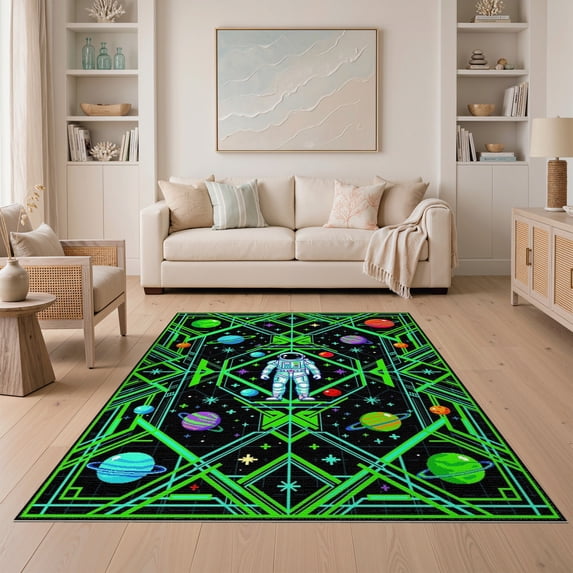 ODIKA 5'x7' Washable Area Rug Astronaut Cyber Arcade Galaxy Motif Fireworks Anime Flowing Dynamic for Small Living Room, Bedroom, Easy Care, Non-Shedding, Pet Friendly